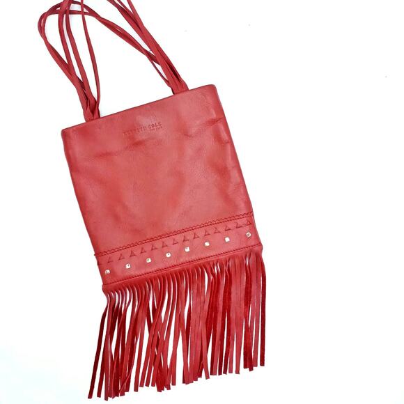 Y2K Red Leather Fringe Mini Bag – Suede Studded Western Festival Boho City Style - Picture 1 of 16